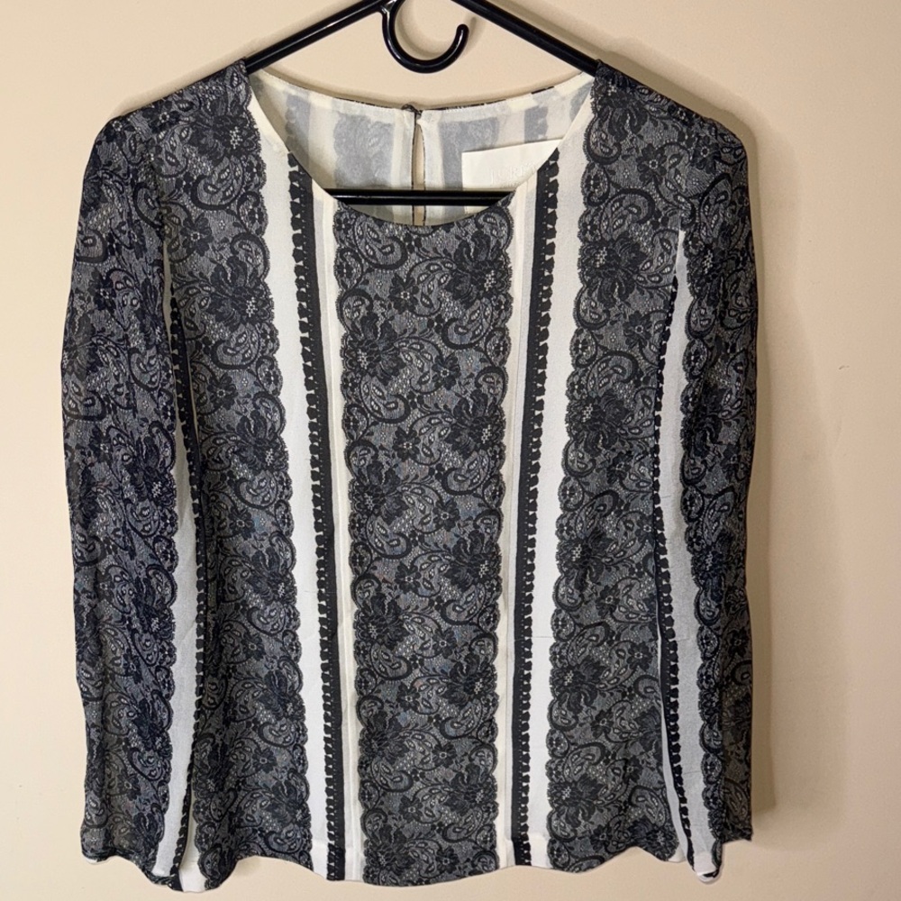 J Crew Collection Women Off White Black Silk Floral Print Shirt